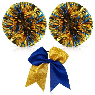 Hanaive 12 Inch Cheerleading Pom Poms and Large Cheerleader Hair Bow Large Metallic Cheer Cheerleader Pom Poms for Sports Team Spirit Cheering(Blue and Gold Mixed,Glitter)