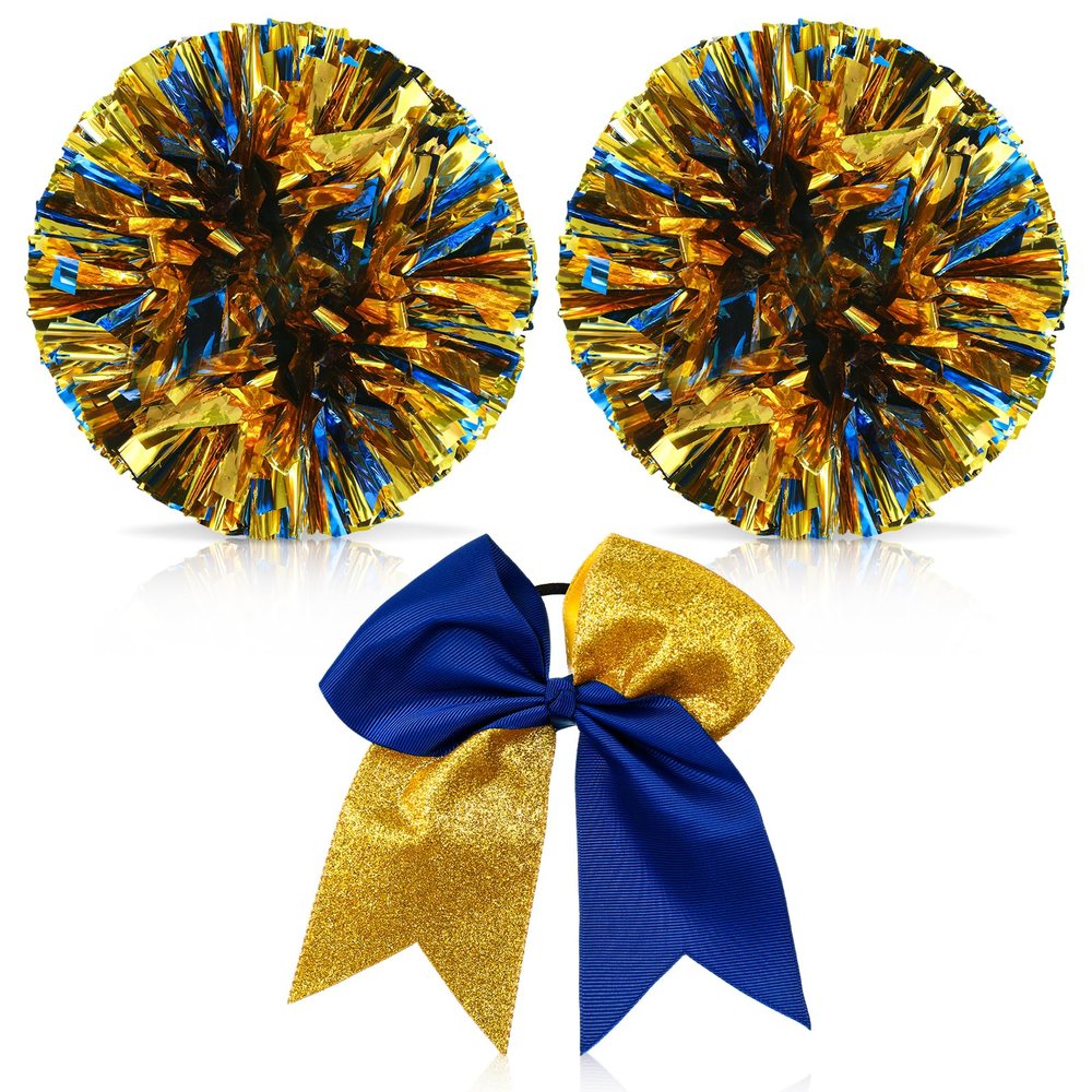 Hanaive 12 Inch Cheerleading Pom Poms and Large Cheerleader Hair Bow Large Metallic Cheer Cheerleader Pom Poms for Sports Team Spirit Cheering(Blue and Gold Mixed,Glitter)