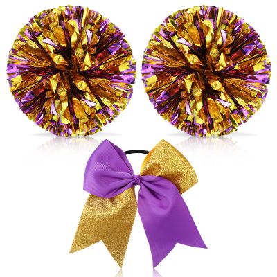 Hanaive 12 Inch Cheerleading Pom Poms and Large Cheerleader Hair Bow Large Metallic Cheer Cheerleader Pom Poms for Sports Team Spirit Cheering(Purple and Gold Mixed,Glitter)