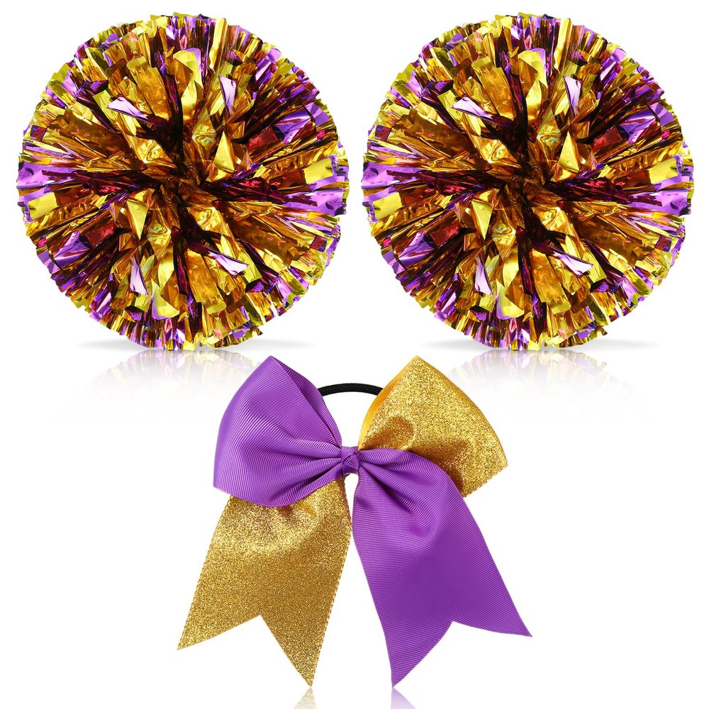 Hanaive 12 Inch Cheerleading Pom Poms and Large Cheerleader Hair Bow Large Metallic Cheer Cheerleader Pom Poms for Sports Team Spirit Cheering(Purple and Gold Mixed,Glitter)