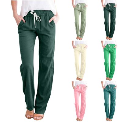 Lmdudan Cotton Linen Pants for Women Drawstring Elastic Waist Trousers Fashion Solid Color Lounge Vacation Pants with Pockets