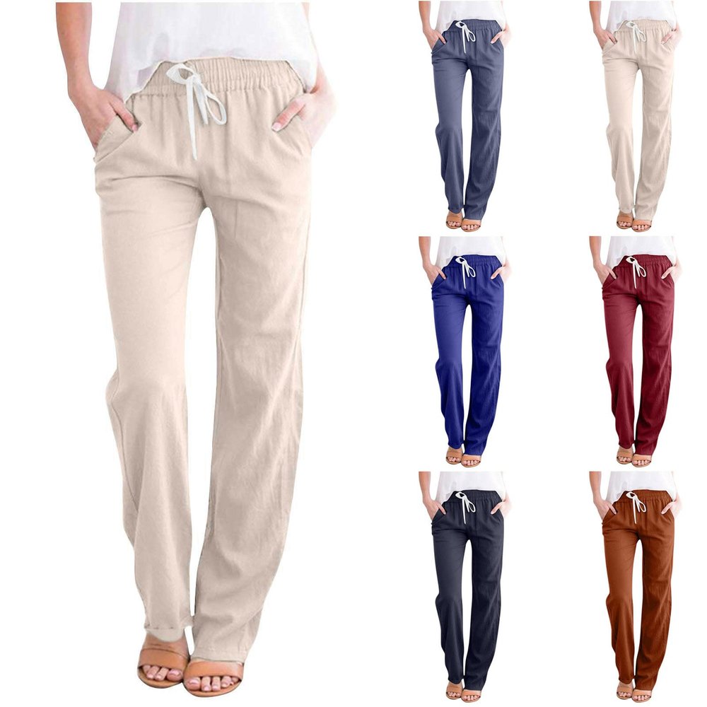 Lmdudan Cotton Linen Pants for Women Drawstring Elastic Waist Trousers Fashion Solid Color Lounge Vacation Pants with Pockets
