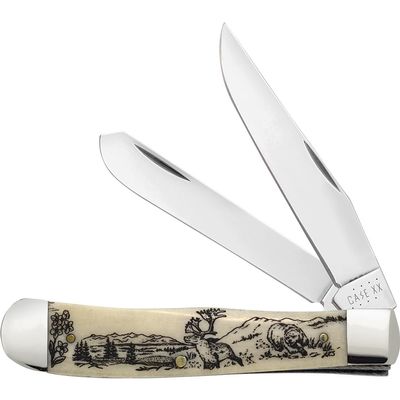 Case XX WR POCKET KNIFE, LINDA KARST NATURAL BONE TRAPPER - CARIBOU & BEAR, 4 1/8 INCHES CLOSED, ITEM #1067674