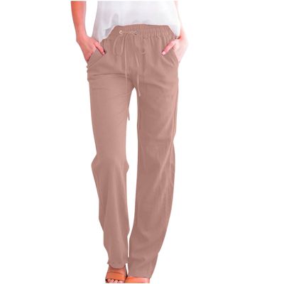 Lmdudan Womens Casual Linen Pants Summer Drawstring Elastic Waist Long Trousers with Pockets Lounge Fashion Vacation Clothing