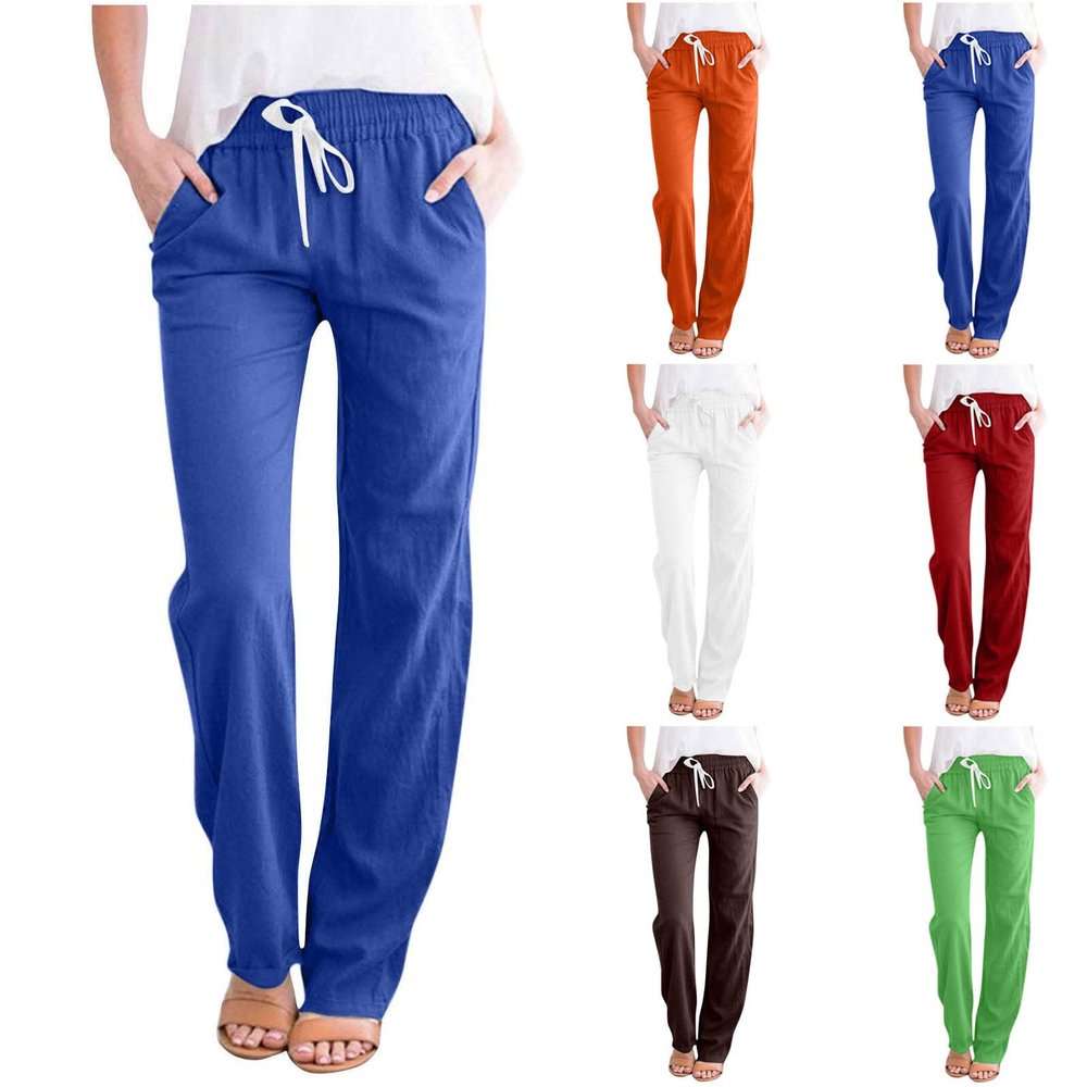 Lmdudan Cotton Linen Pants for Women Drawstring Elastic Waist Trousers Fashion Solid Color Lounge Vacation Pants with Pockets