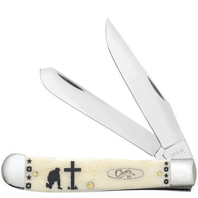 Case XX WR POCKET KNIFE, KNEELING POLICEMAN SMOOTH NATURAL BONE TRAPPER, 4 1/8 INCHES CLOSED, ITEM #144513