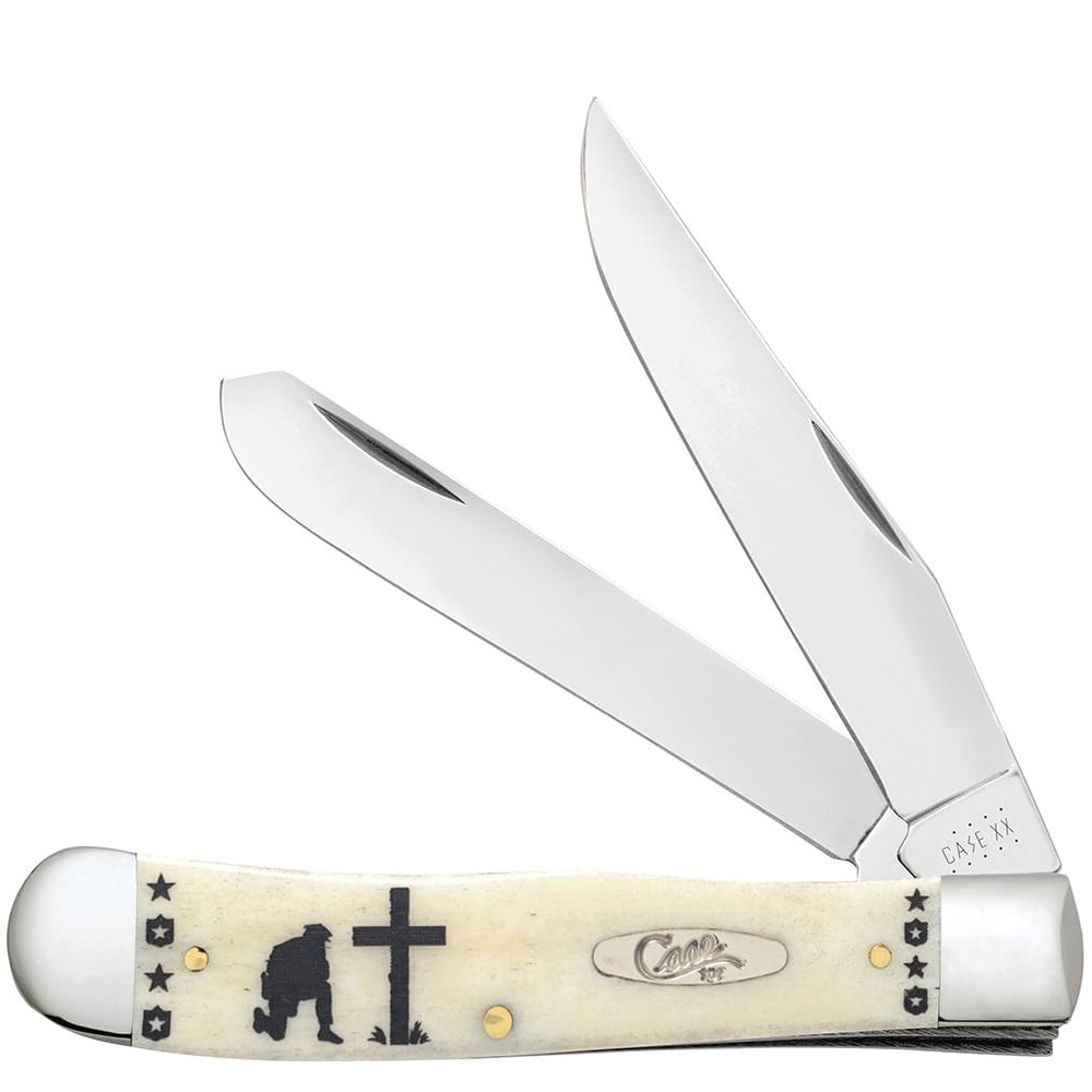 Case XX WR POCKET KNIFE, KNEELING POLICEMAN SMOOTH NATURAL BONE TRAPPER, 4 1/8 INCHES CLOSED, ITEM #144513
