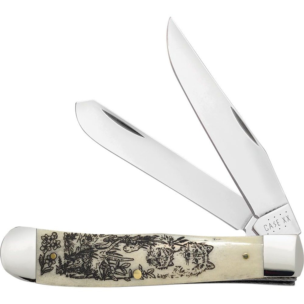 Case XX WR POCKET KNIFE, LINDA KARST NATURAL BONE TRAPPER - WOLVES, 4 1/8 INCHES CLOSED, ITEM #1067676