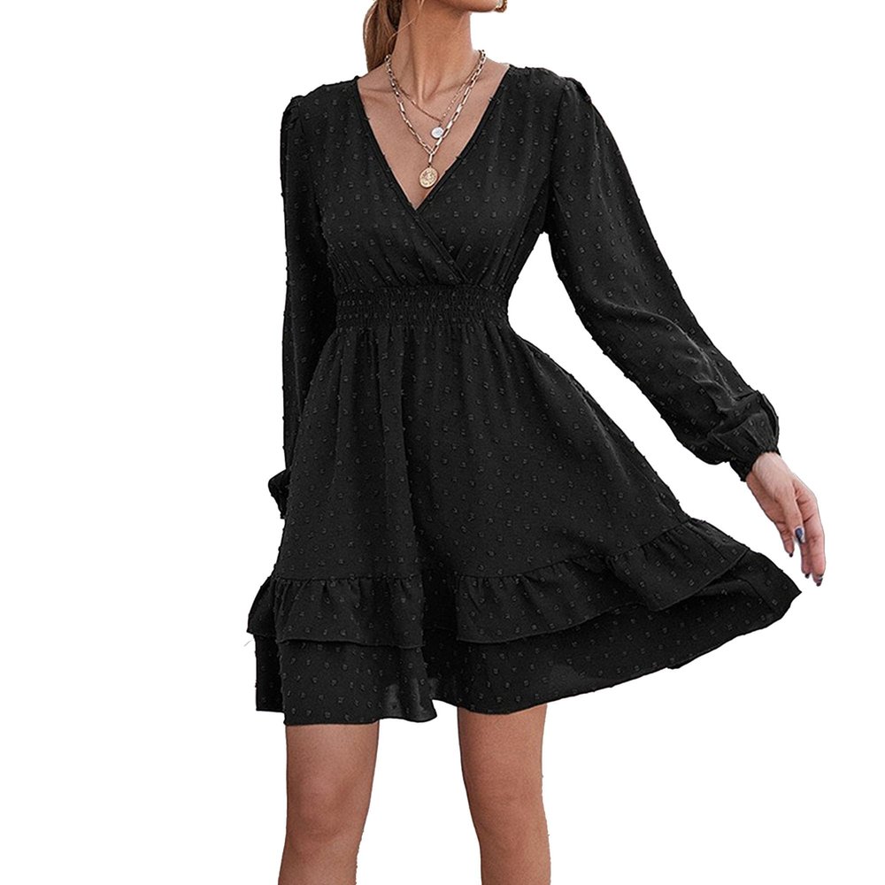 NineFit Basics Women'S Wrap V Neck Swing Ruffle Swiss Dots Dress Casual Long Sleeve Mini Dress Loose A Line Tiered Flowy Dress (Large,Black)