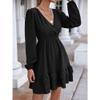 NineFit Basics Women'S Wrap V Neck Swing Ruffle Swiss Dots Dress Casual Long Sleeve Mini Dress Loose A Line Tiered Flowy Dress (Large,Black) view 2