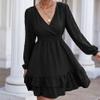 NineFit Basics Women'S Wrap V Neck Swing Ruffle Swiss Dots Dress Casual Long Sleeve Mini Dress Loose A Line Tiered Flowy Dress (Large,Black) view 3