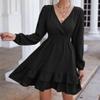 NineFit Basics Women'S Wrap V Neck Swing Ruffle Swiss Dots Dress Casual Long Sleeve Mini Dress Loose A Line Tiered Flowy Dress (Large,Black) view 4