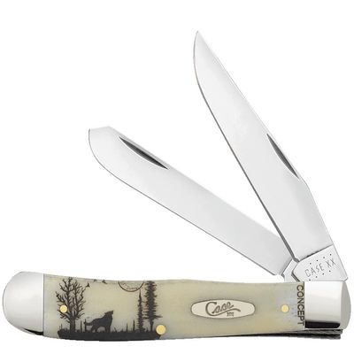 Case XX WR POCKET KNIFE, HOWLING WOLF SMOOTH NATURAL BONE TRAPPER, 4 1/8 INCHES CLOSED, ITEM #144500