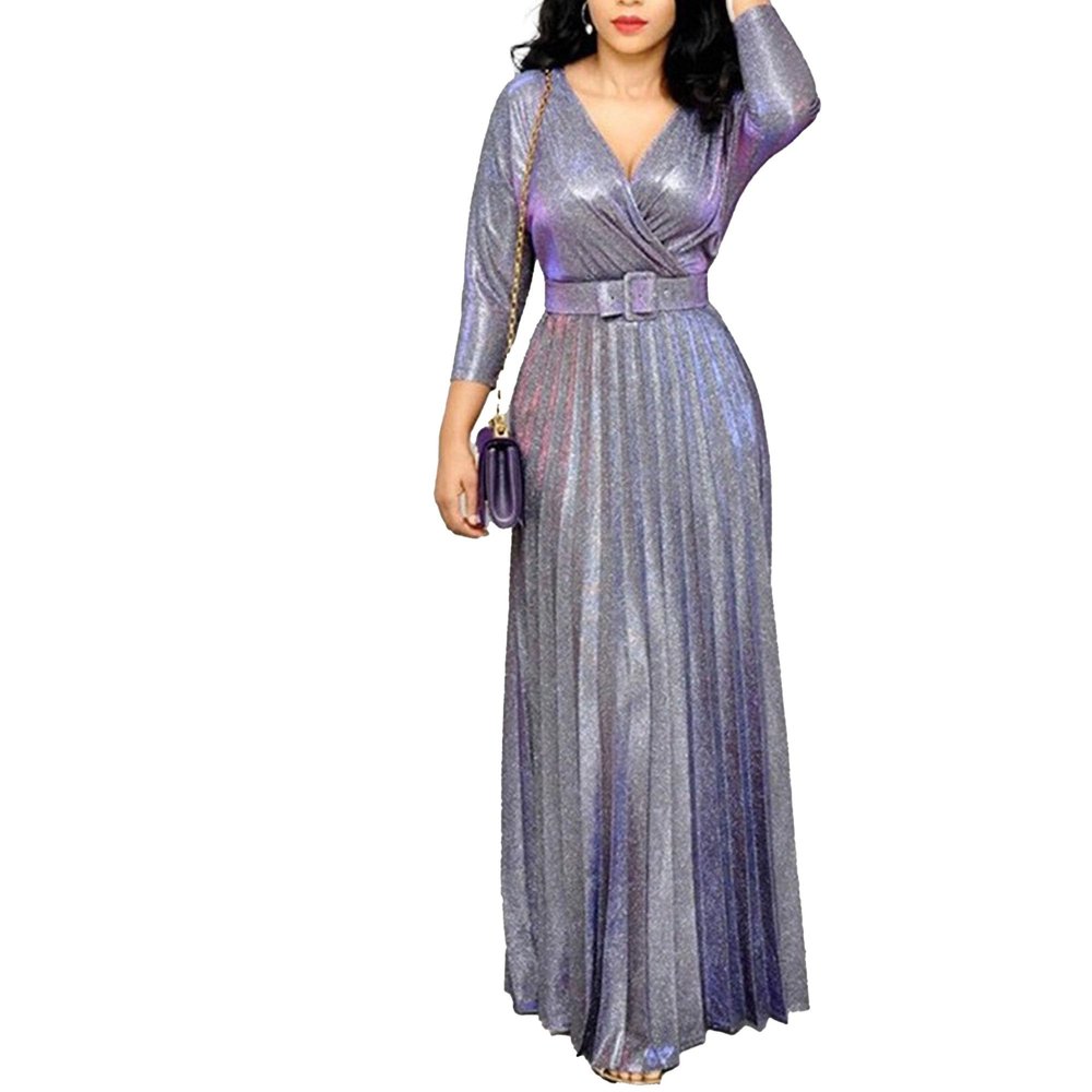 Business Casual Shirt Dress for Women Ruffle Flowy Shirt Dress Long Sleeves A Line Pleated Midi Dresses with Belt (X-Large,Purple)