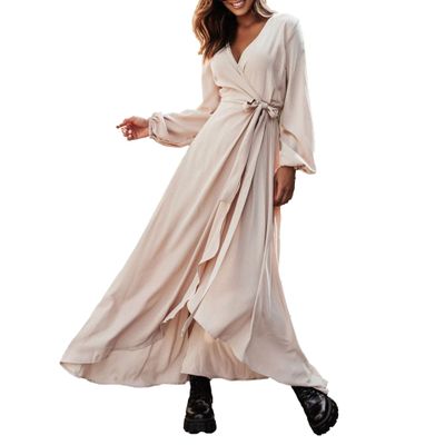 NineFit Basics Women'S Pleated Midi Dress Elegant Long Sleeve V-Neck Belted Tie Waist Dress Lace Up A-Line Wrap Bodycon Dress (Small,Apricot)