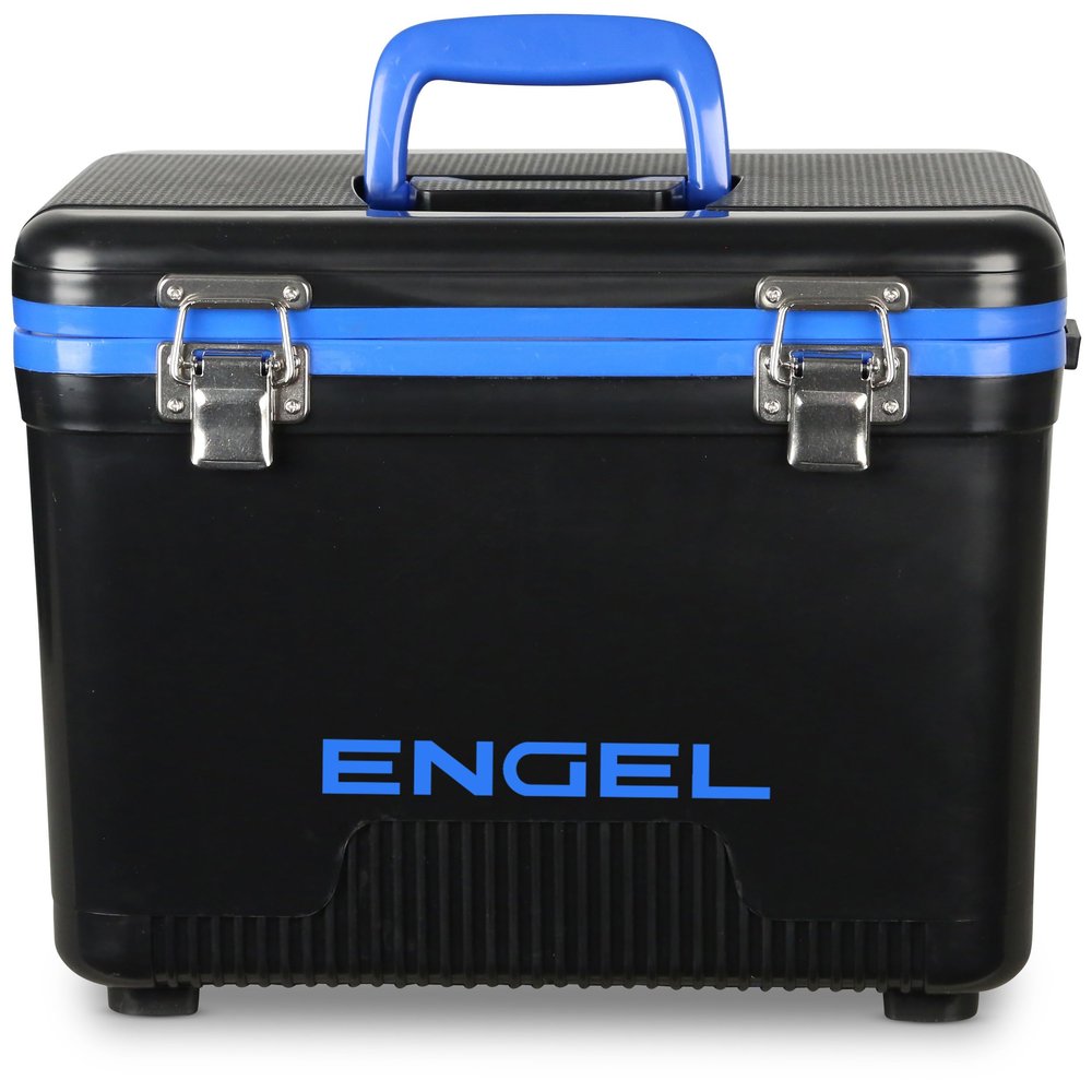 Engel UC7 7.5qt Leak-Proof, Air Tight, Drybox Cooler and Small Hard Shell Lunchbox for Men and Women in Black with Blue Interior