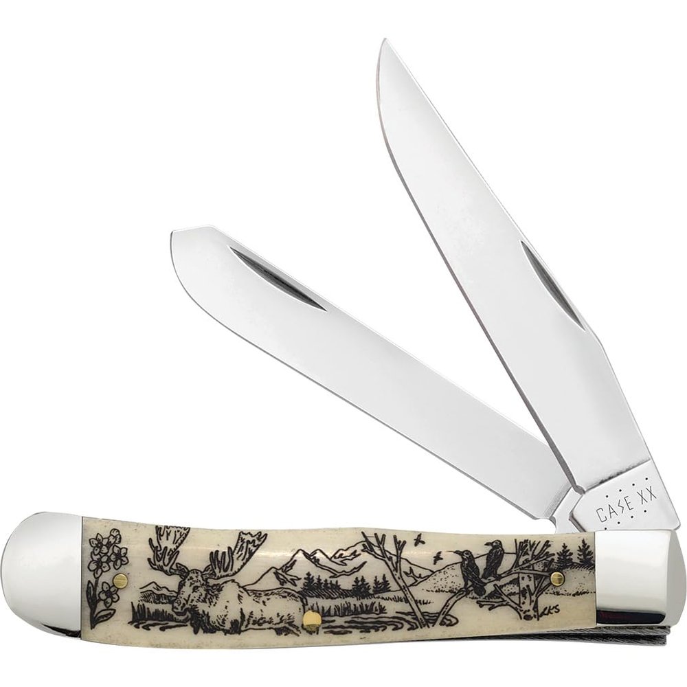 Case XX WR POCKET KNIFE, LINDA KARST NATURAL BONE TRAPPER - MOOSE & RAVENS, 4 1/8 INCHES CLOSED, ITEM #1067675