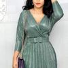 Business Casual Shirt Dress for Women Ruffle Flowy Shirt Dress Long Sleeves A Line Pleated Midi Dresses with Belt (X-Large,Green) view 2