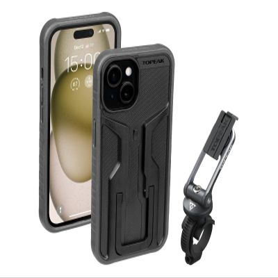 Topeak RideCase with Mount for iPhone 15 Black/Gray | Shock-Resistant Dual-Density Case with CNC Flip Stand & Adjustable Mount for Handlebar, Stem, or Cap | Type-C Charging Compatible