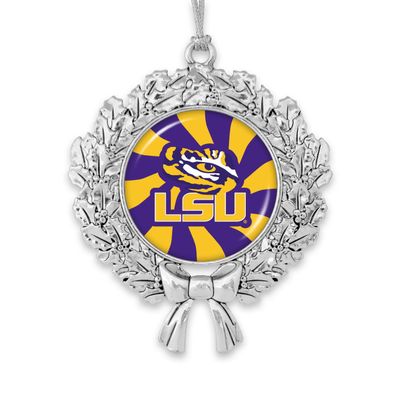 From the Heart LSU Wreath Ornament with Peppermint Swirl Team Logo Silver Metal Tree Decoration UA