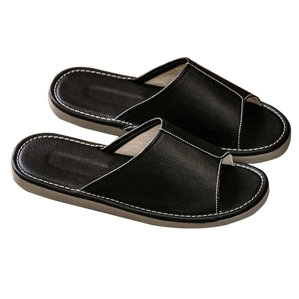 XUEMML Leather Slippers for Men and Women Indoor Outdoor Unisex Open Toe Slippers Summer SandalsNon Slip Home Office Slippers Gift for Mens Womens(Black,41/42 EU)