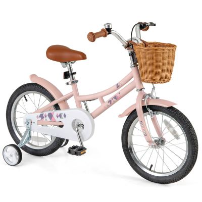 BABY JOY Kids Bike, 16 Inch Retro Child Bike for 4-7 Years Old with Adjustable Height, Training Wheels, Storage Basket, Handbrake & Coaster Brake, Kids Bicycle (Pink)