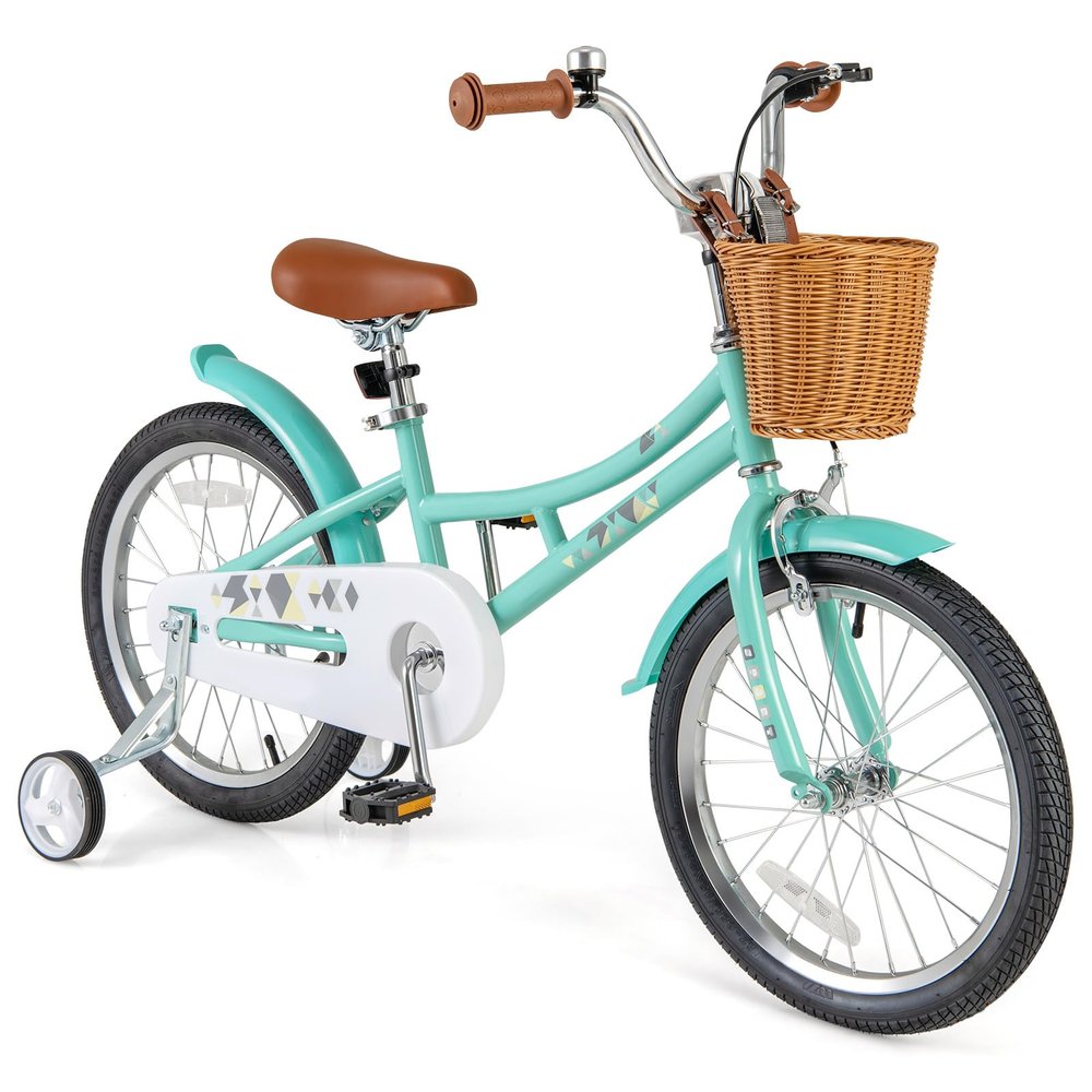 BABY JOY Kids Bike, 18 Inch Retro Child Bike for 4-8 Years Old w/Adjustable Height, Training Wheels, Storage Basket, Handbrake & Coaster Brake, Girls Kids Bicycle with Kickstand (Green)