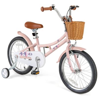 BABY JOY Kids Bike, 18 Inch Retro Child Bike for 4-8 Years Old w/Adjustable Height, Training Wheels, Storage Basket, Handbrake & Coaster Brake, Girls Kids Bicycle with Kickstand (Pink)