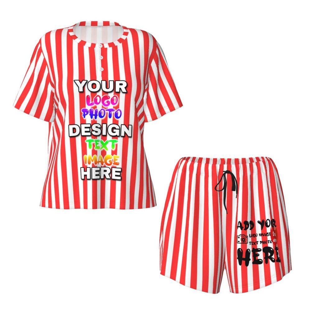 Custom Short Pajamas Set for Women Personalized Photos Text Pajama Pants Soft Comfy Short Pajama Set Gift Christmas Large Stripe-Red