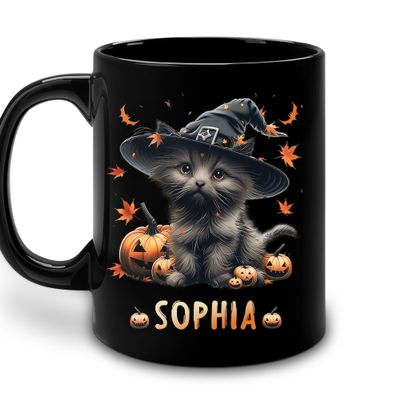 Hyturtle Personalized Halloween Black Cat Mug - Black Cat Gifts For Cat Lovers - Cat Gift For Women - Cat Gift For Girls - Halloween Decor - Birthday Gift - Custom Coffee Cup Ceramic Mug 11oz 15oz
