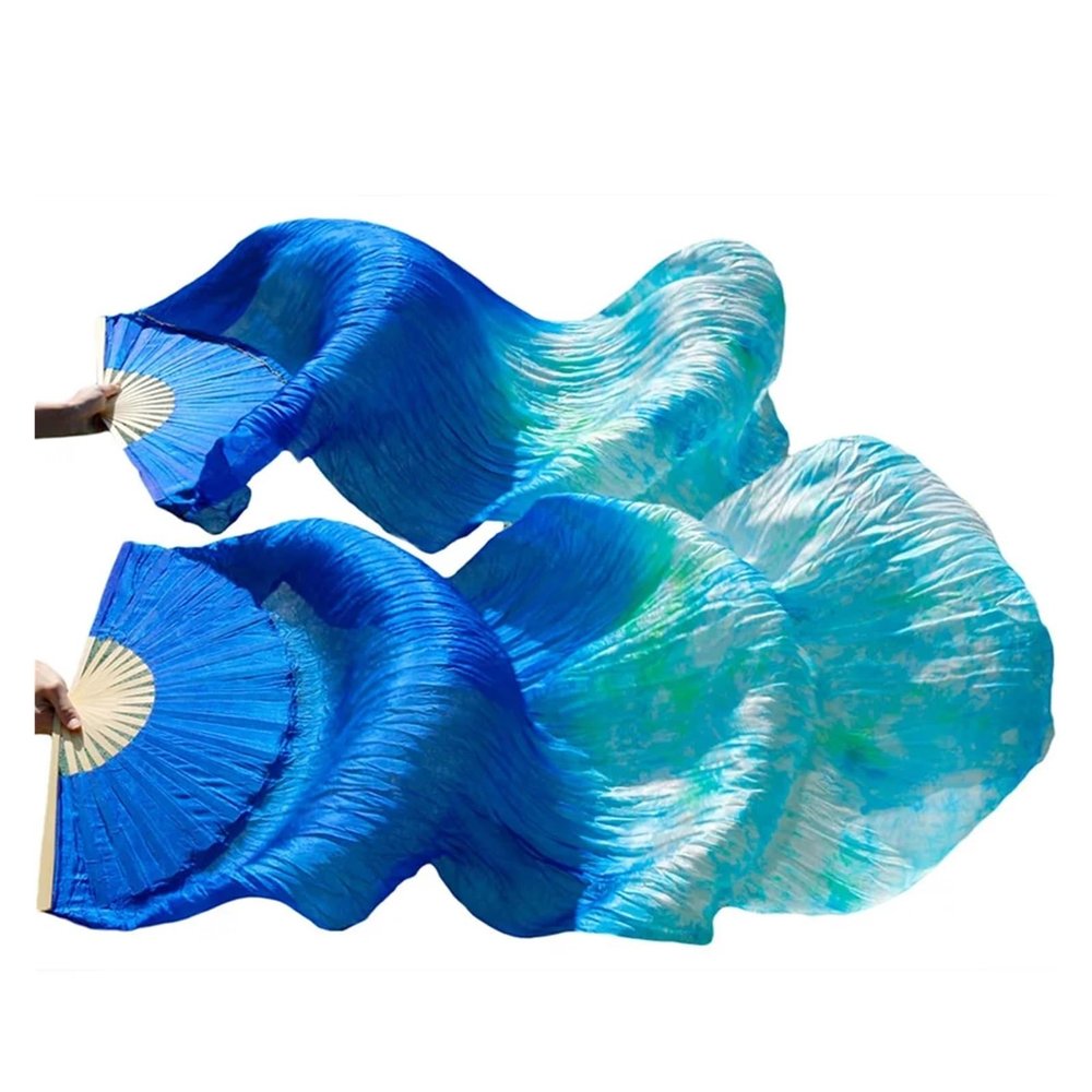 HPLWJO Belly Dance Real Silk Fans,Women 150 * 90cm 1 Pair (Left+Right) Silk Long Fans Veils, Belly Dance Dancing Silk Fans for Dance Performance (Blue Tie-Dye)