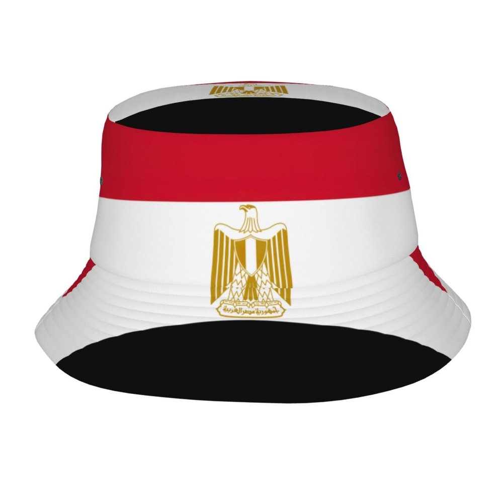 JIPOFD Egyptian Flag Bucket Hat, Wide Brim Washed Outdoor Sun Hat Flat Top Cap for Fishing Hiking Beach Sports Black