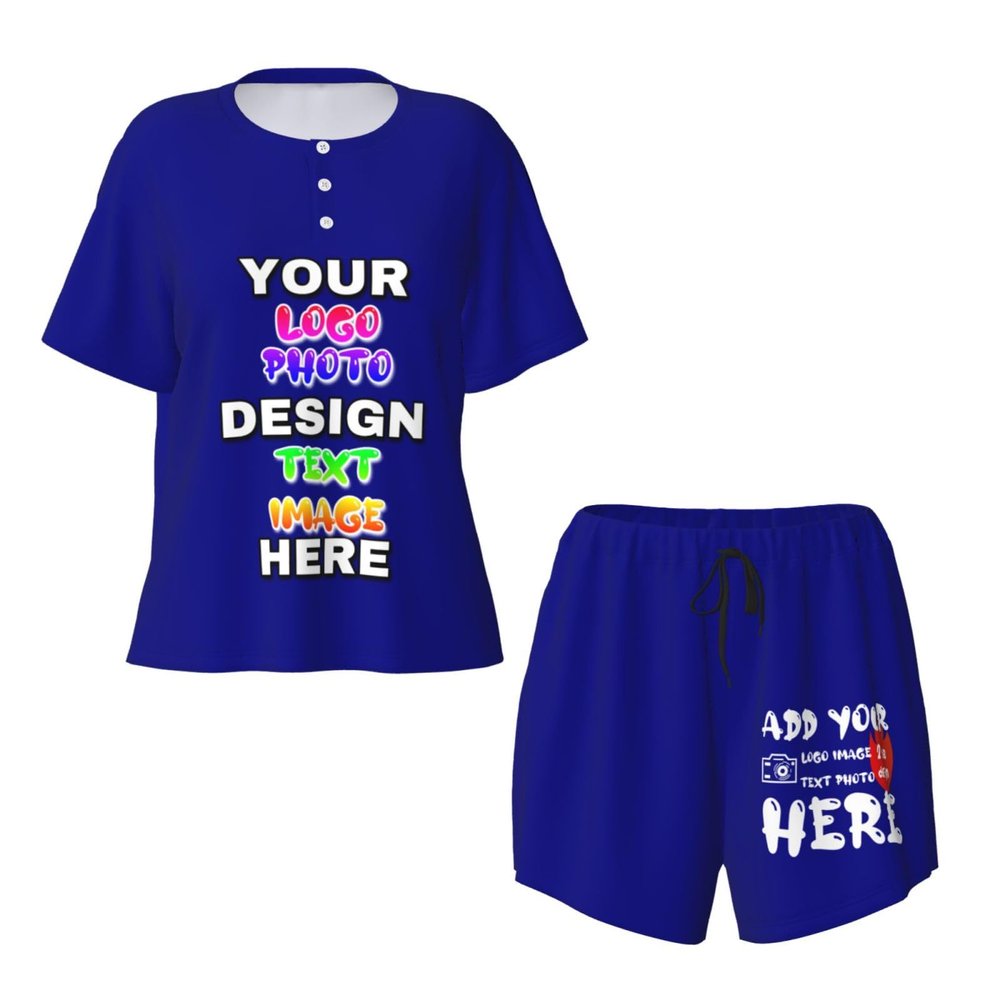 Custom Short Pajamas Set for Women Personalized Photos Text Pajama Pants Soft Comfy Short Pajama Set Gift Christmas Large Blue