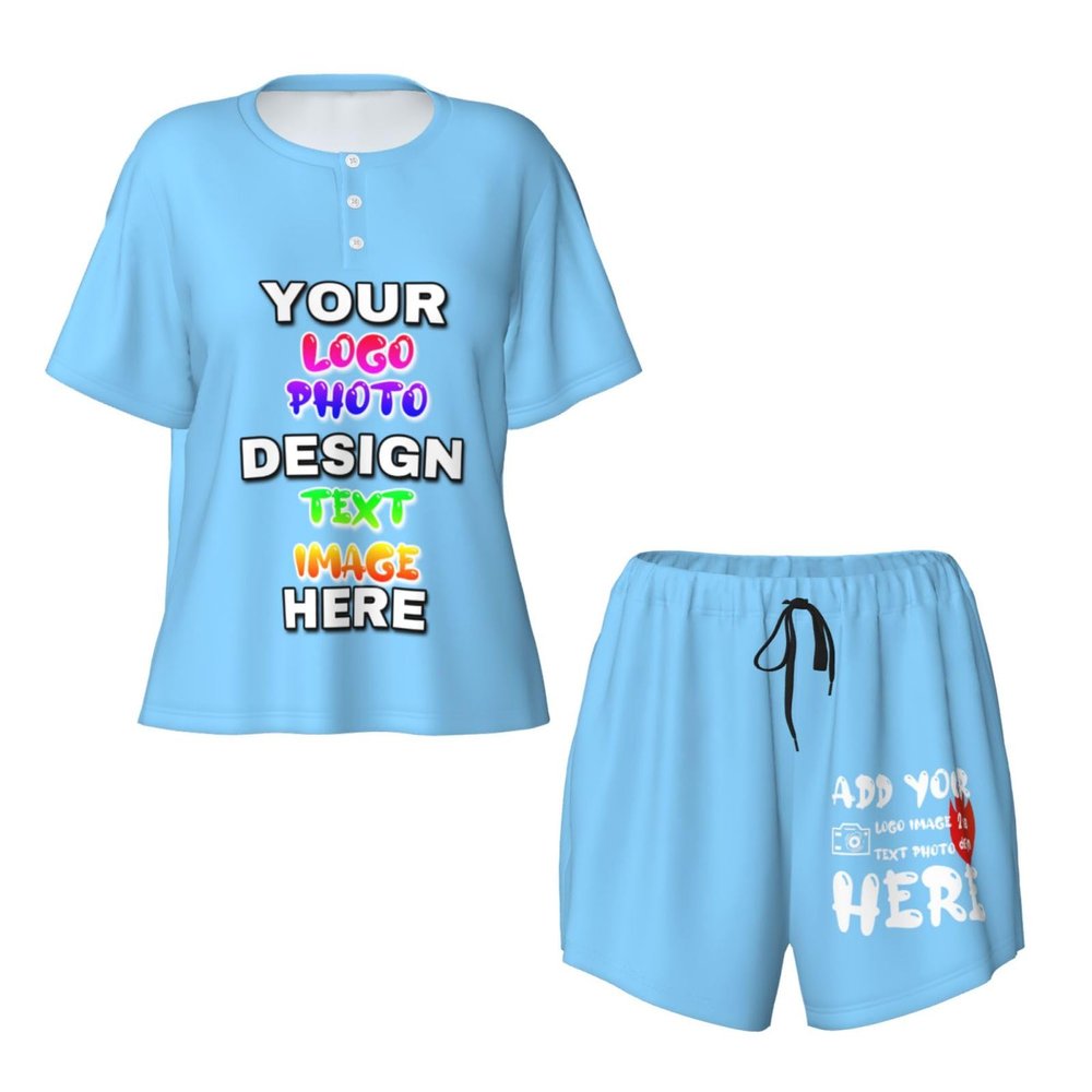 Custom Short Pajamas Set for Women Personalized Photos Text Pajama Pants Soft Comfy Short Pajama Set Gift Christmas 4X-Large Blue