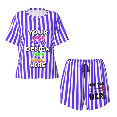 Custom Short Pajamas Set for Women Personalized Photos Text Pajama Pants Soft Comfy Short Pajama Set Gift Christmas Large Stripe-Blue