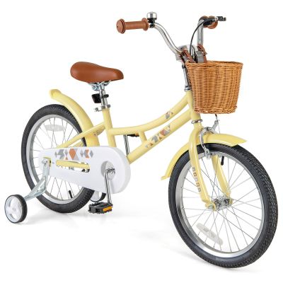 BABY JOY Kids Bike, 18 Inch Retro Child Bike for 4-8 Years Old w/Adjustable Height, Training Wheels, Storage Basket, Handbrake & Coaster Brake, Girls Kids Bicycle with Kickstand (Yellow)
