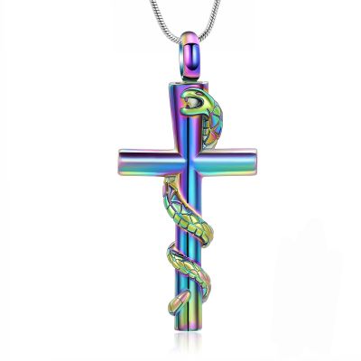 AIWENXI Cross Urn Necklace for Ashes for Men Women Snake Cremation Jewelry Stainless Steel Memorial Ash Pendant Necklaces Love One Keepsakes Pendant Jewelry