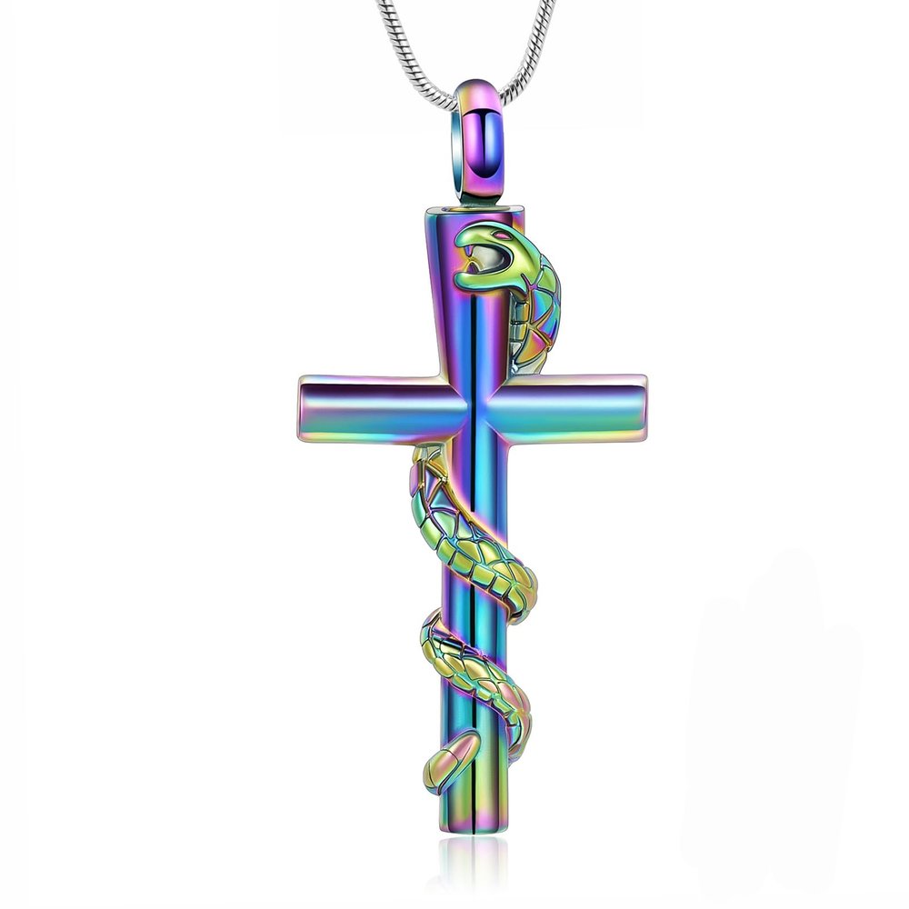 AIWENXI Cross Urn Necklace for Ashes for Men Women Snake Cremation Jewelry Stainless Steel Memorial Ash Pendant Necklaces Love One Keepsakes Pendant Jewelry