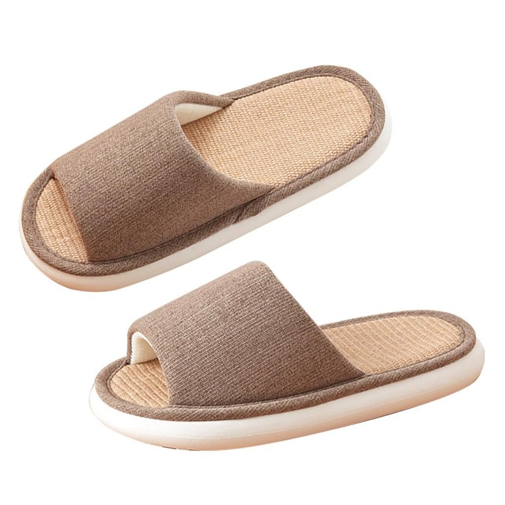 XUEMML Summer House Linen Slippers for Women Men Breathable Cotton Indoor Slippers Slip-on Open Toe Home Shoes(Khaki,44/45 EU)