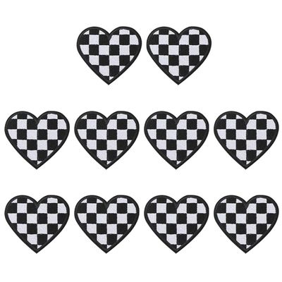 Ximimark 10pc Exquisite Embroidered Heart Patches with Iron-On Backing, Black & White Checkered Design for DIY Clothing and Crafts Embroidery Kits with Patterns Embroidery Patterns