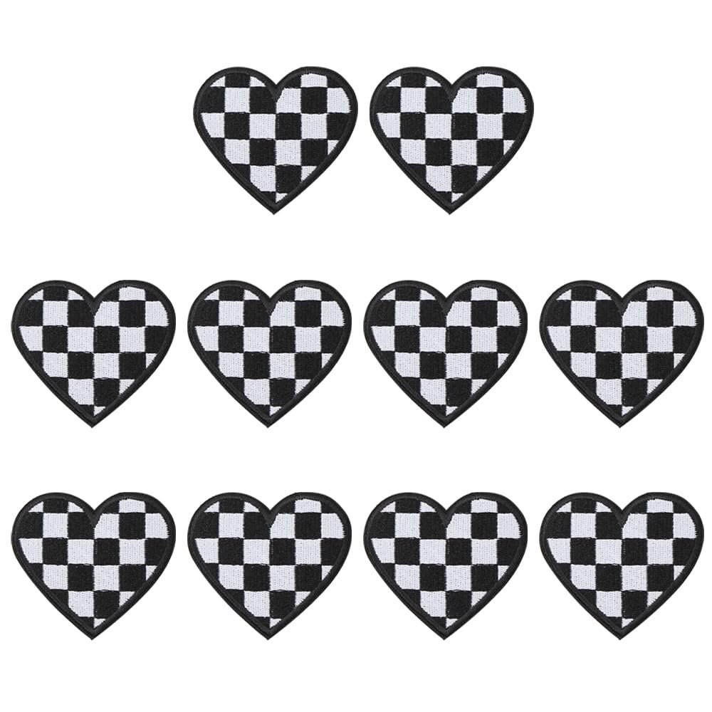Ximimark 10pc Exquisite Embroidered Heart Patches with Iron-On Backing, Black & White Checkered Design for DIY Clothing and Crafts Embroidery Kits with Patterns Embroidery Patterns