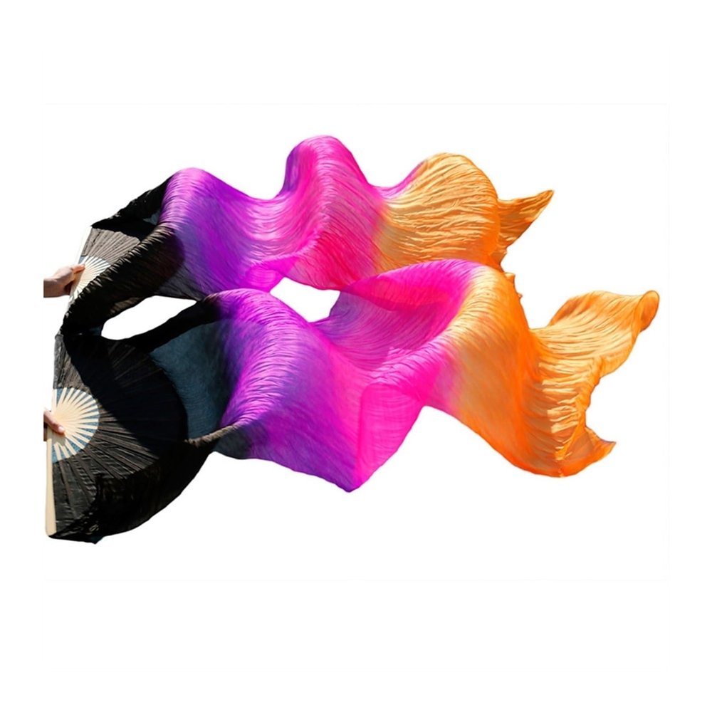 HPLWJO Belly Dance Real Silk Fans,Women 150 * 90cm 1 Pair (Left+Right) Silk Long Fans Veils, Belly Dance Dancing Silk Fans for Dance Performance (Black Gradient Orange)