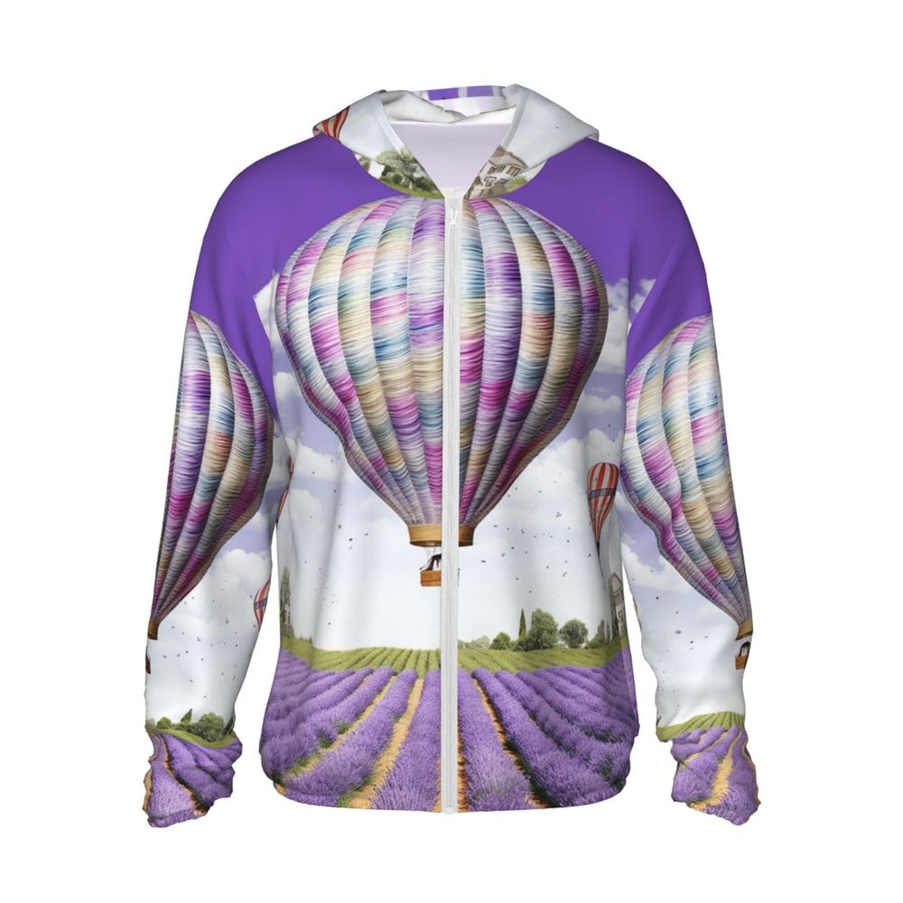UPF 50+ Sun Protection Hoodie Jacket Full Zip Long Sleeve Sun Shirt Lavender Hot Air Balloon Fishing Shirt Xx-Large