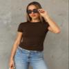Abardsion Women's Casual Basic Going Out Crop Tops Slim Fit Short Sleeve Crew Neck Tight T Shirts 2026 (Deep Brown, XS) view 2