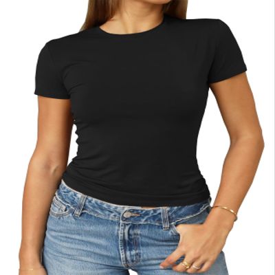 Abardsion Women's Casual Basic Going Out Crop Tops Slim Fit Short Sleeve Crew Neck Tight T Shirts 2026 (Black, XS)