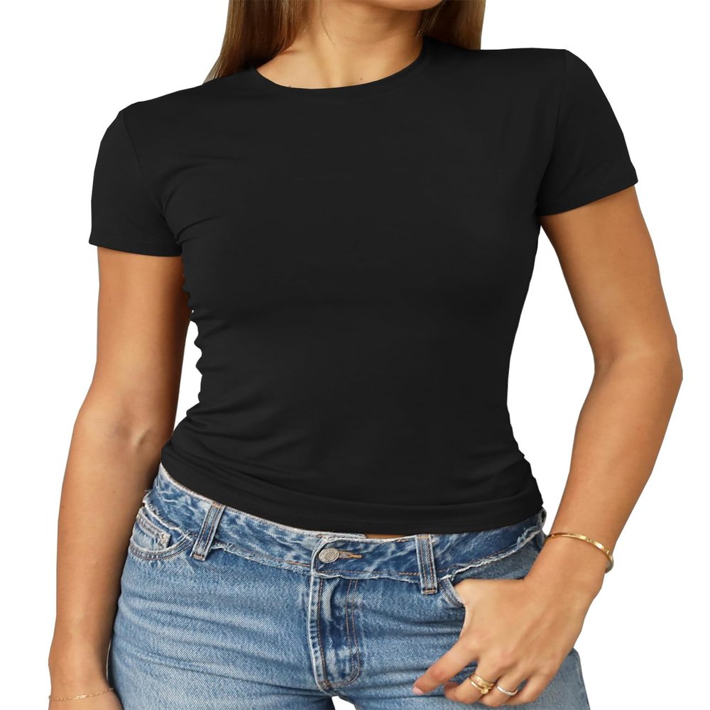 Abardsion Women's Casual Basic Going Out Crop Tops Slim Fit Short Sleeve Crew Neck Tight T Shirts 2026 (Black, XS)