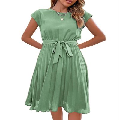 HOULENGS Women's Summer Cap Sleeve Pleated Dresses Round Neck Flowy Midi Dresses with Belt Green X-Large