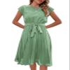 HOULENGS Women's Summer Cap Sleeve Pleated Dresses Round Neck Flowy Midi Dresses with Belt Green X-Large view 1