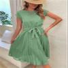 HOULENGS Women's Summer Cap Sleeve Pleated Dresses Round Neck Flowy Midi Dresses with Belt Green X-Large view 3