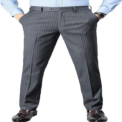 Maiyifu-GJ Men's Slim Stretch Striped Dress Pants Casual Business Formal Suit Pant Elastic Waist Skinny Flat Front Trousers (Grey,32)